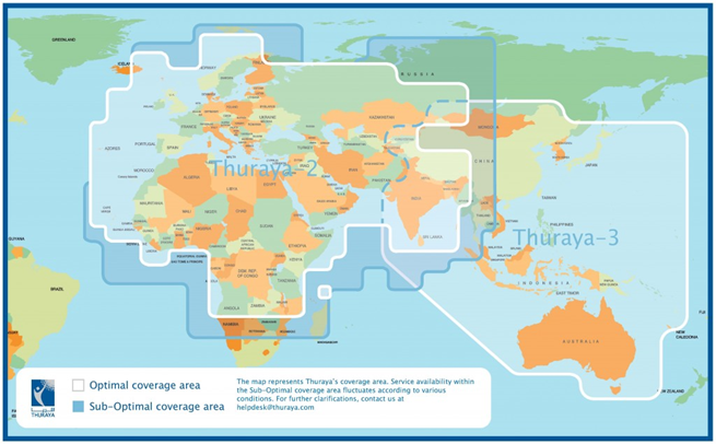 Ausleuchtung des Thuraya-Netzwerkes in 140 Ländern.